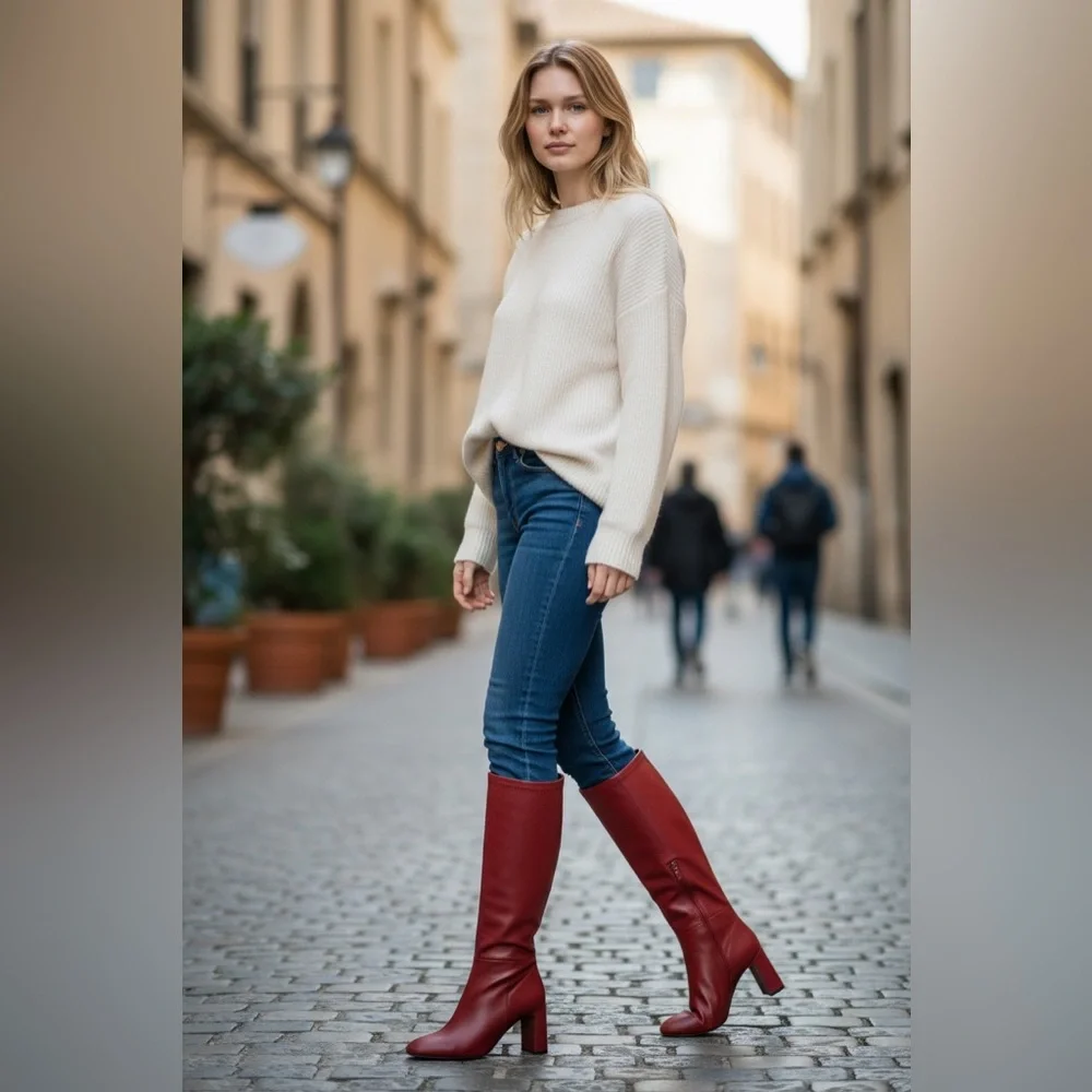 Madden Girl Wise Bordeaux Knee High Boots 6.5 Wide Calf Block Heel Wine NWOT - Picture 2 of 16